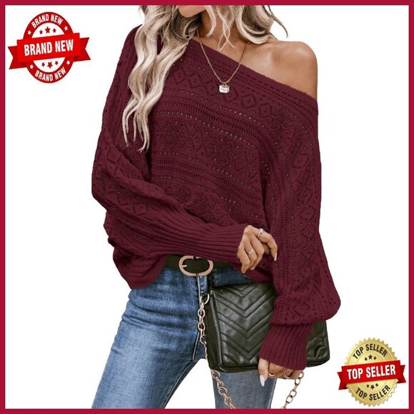 Sweaters - Oversized Crochet Sweater Off Shoulder Dolman Sleeve Lightweight Pullover